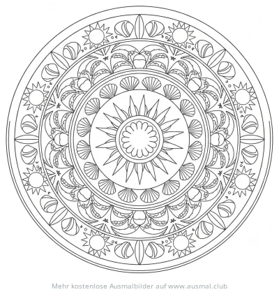 Sommerliches Mandala mit Sonnen, Muscheln und Blättern Ausmalbild