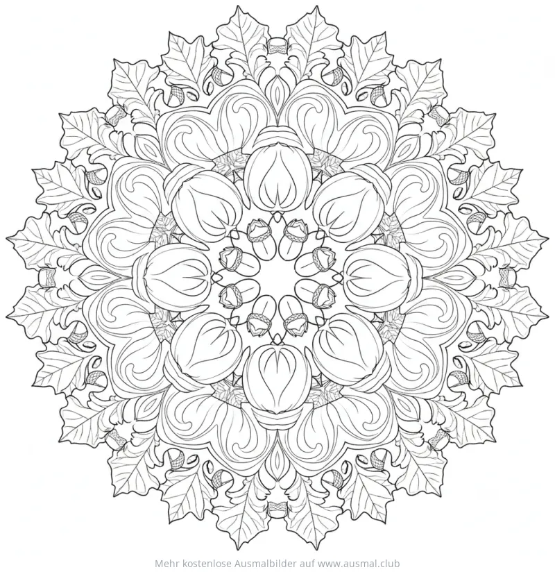 Herbst Mandala mit Eicheln und Blättern Ausmalbild