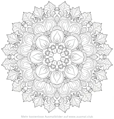 Herbst Mandala mit Eicheln und Blättern Ausmalbild