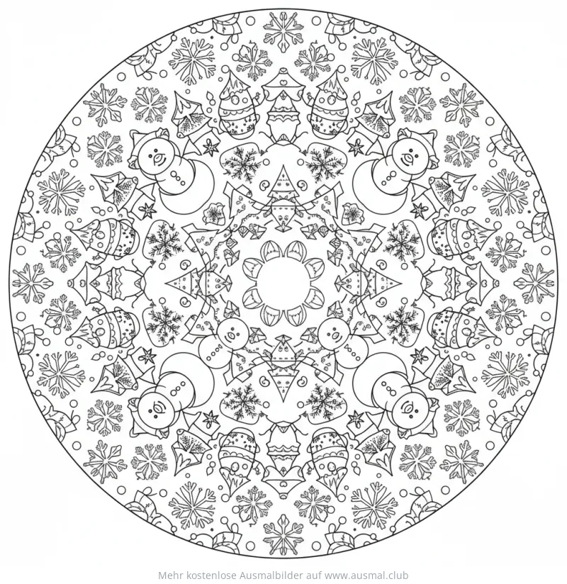 Winter Mandala Ausmalbild mit Schneemännern, Bäumen und Schneeflocken