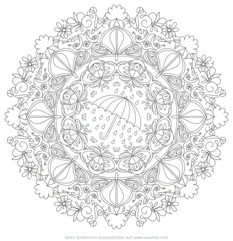 Regen Mandala Ausmalbild mit Schirm und floralen Elementen