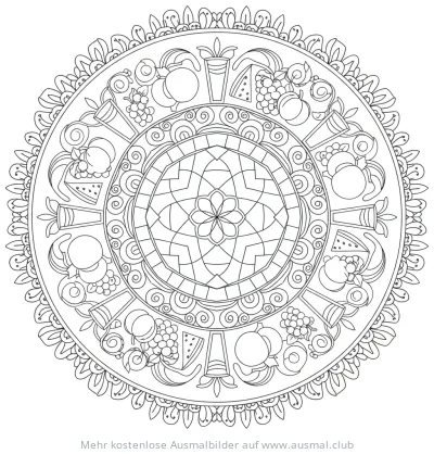 Picknick Mandala Ausmalbild mit Früchten und Getränken