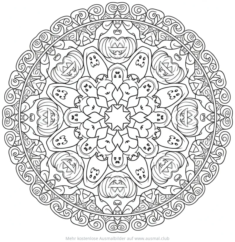 Halloween Mandala Ausmalbild mit Kürbissen und Geistern