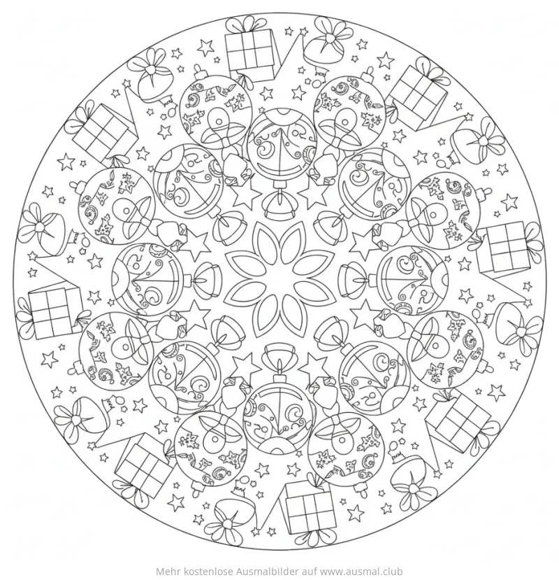 Weihnachten Mandala Ausmalbild mit Kugeln, Geschenken und Sternen