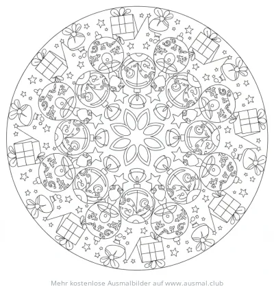 Weihnachten Mandala Ausmalbild mit Kugeln, Geschenken und Sternen
