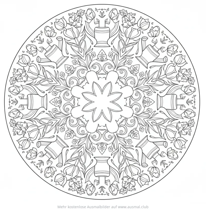 Garten Mandala Ausmalbild mit Tulpen und Gießkannen