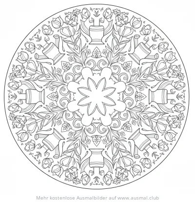 Garten Mandala Ausmalbild mit Tulpen und Gießkannen