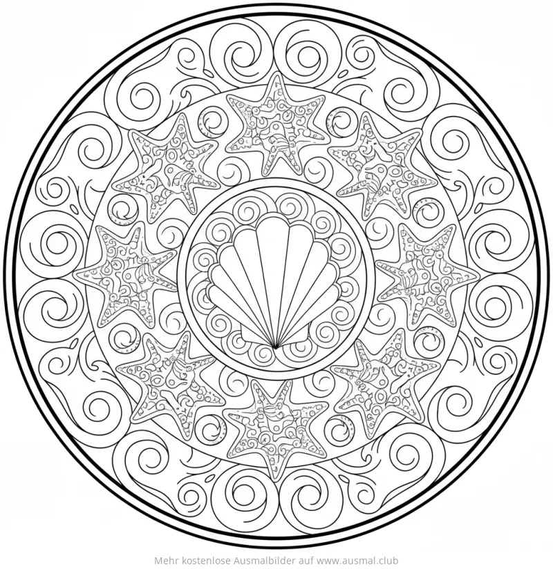 Meeresmotive Mandala Ausmalbild mit Muschel und Seesternen