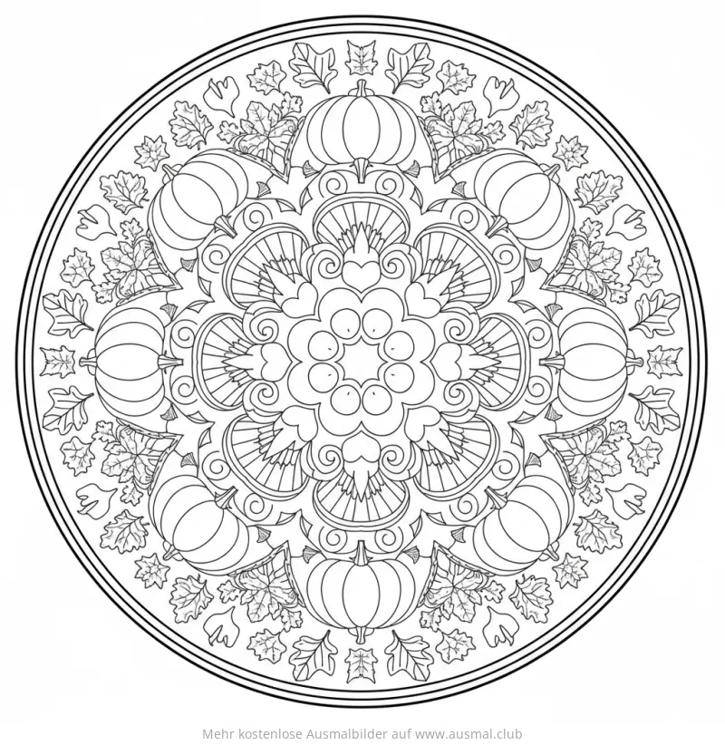 Erntedank Mandala Ausmalbild mit Kürbissen und Blättern