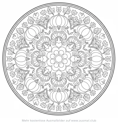 Erntedank Mandala Ausmalbild mit Kürbissen und Blättern