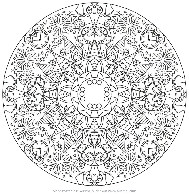 Silvester Mandala Ausmalbild mit Feuerwerk und Uhr