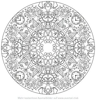 Silvester Mandala Ausmalbild mit Feuerwerk und Uhr