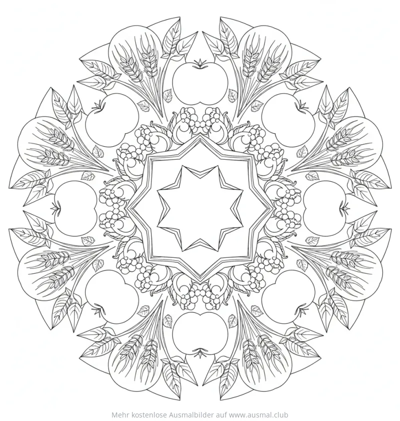 Ernte Mandala Ausmalbild mit Äpfeln, Weintrauben und Weizenähren