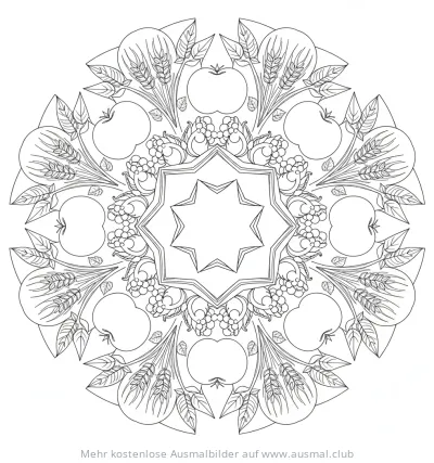 Ernte Mandala Ausmalbild mit Äpfeln, Weintrauben und Weizenähren