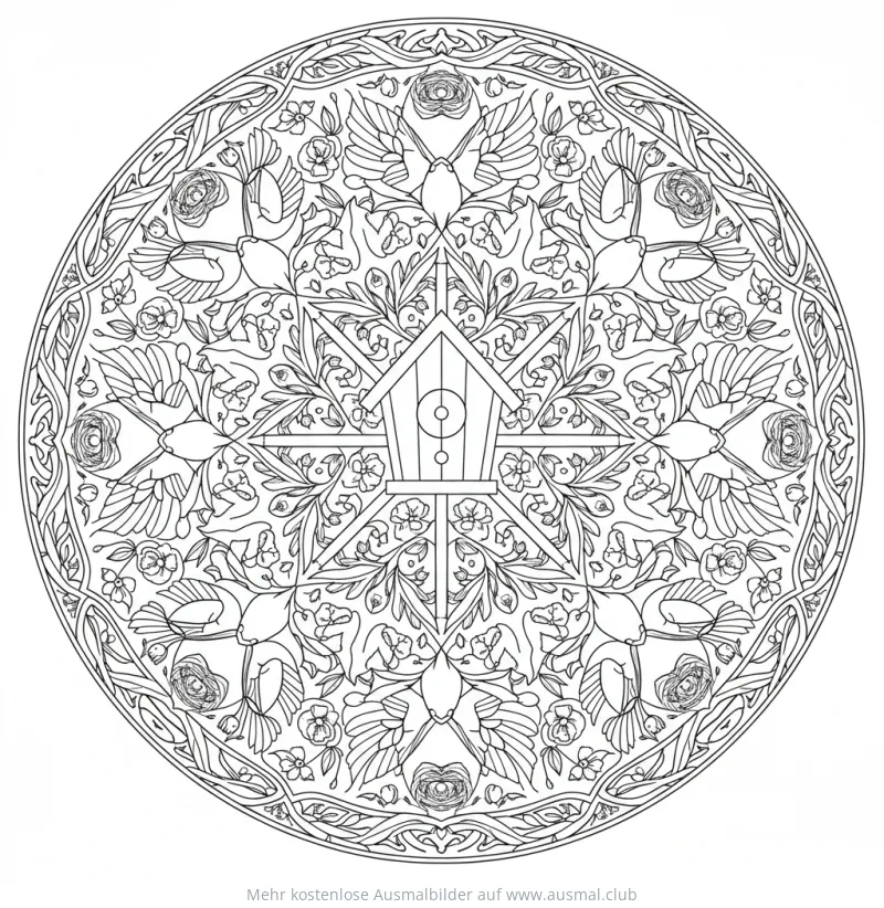 Vogelhaus Mandala Ausmalbild mit Vögeln und Blumen