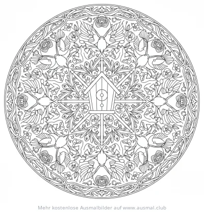 Vogelhaus Mandala Ausmalbild mit Vögeln und Blumen