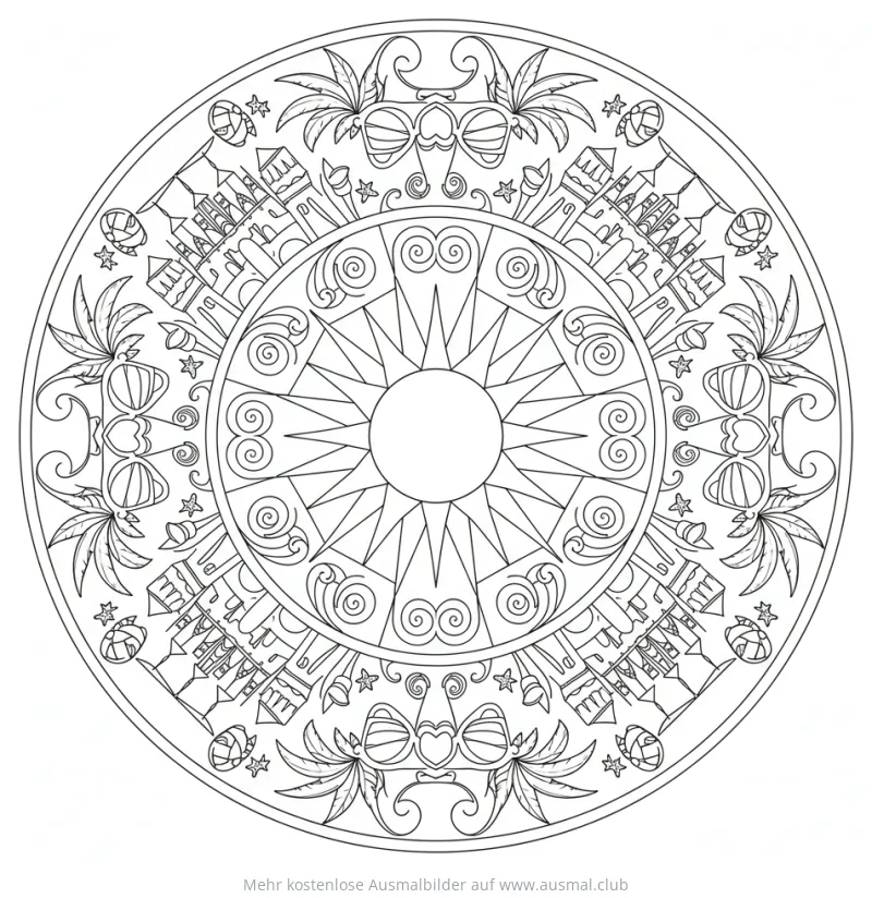 Strand Mandala Ausmalbild mit Strandburgen, Sonnenbrillen, Sonne und Palmen
