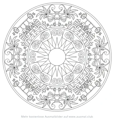 Strand Mandala Ausmalbild mit Strandburgen, Sonnenbrillen, Sonne und Palmen