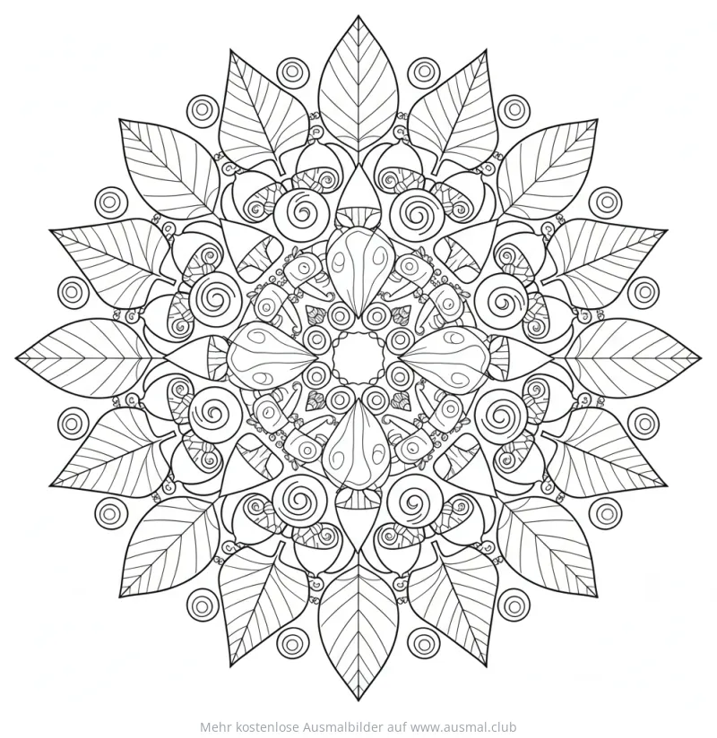 Waldboden Mandala Ausmalbild mit Blättern und Spiralen