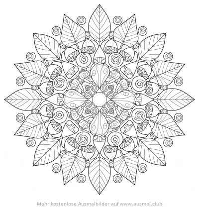 Waldboden Mandala Ausmalbild mit Blättern und Spiralen