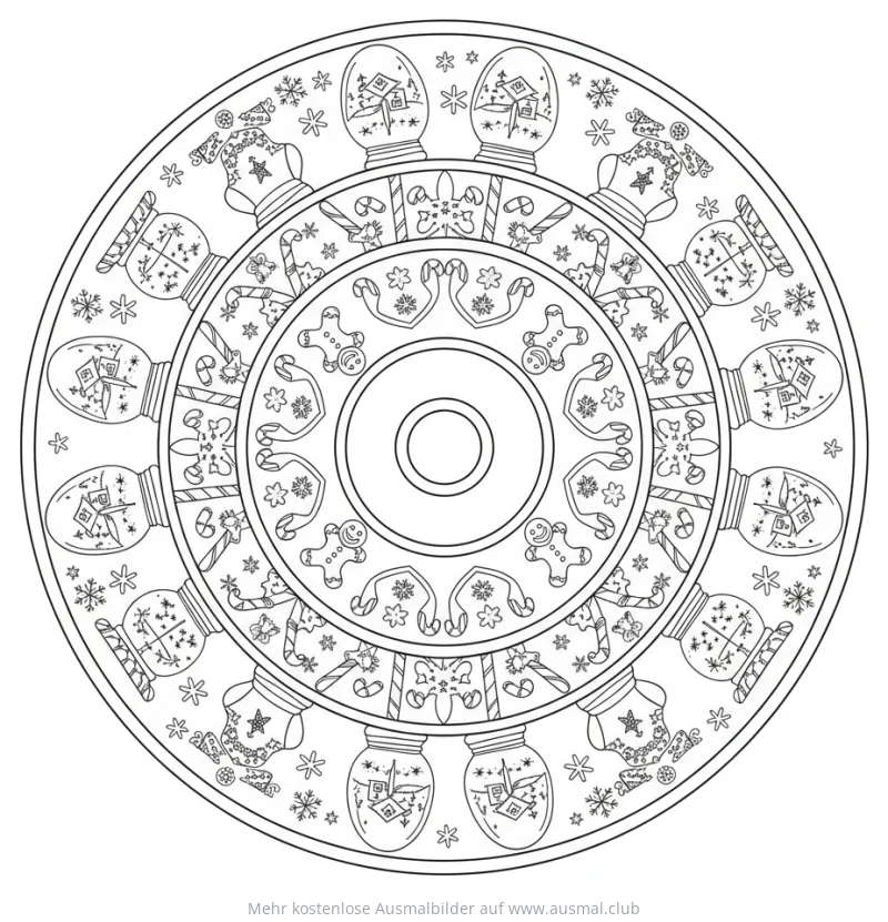 Winterzeit Mandala Ausmalbild mit Schneekugeln, Lebkuchenmännern und Zuckerstangen