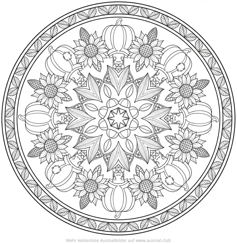 Erntefest Mandala Ausmalbild mit Kürbissen, Sonnenblumen und Maiskolben