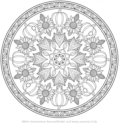 Erntefest Mandala Ausmalbild mit Kürbissen, Sonnenblumen und Maiskolben