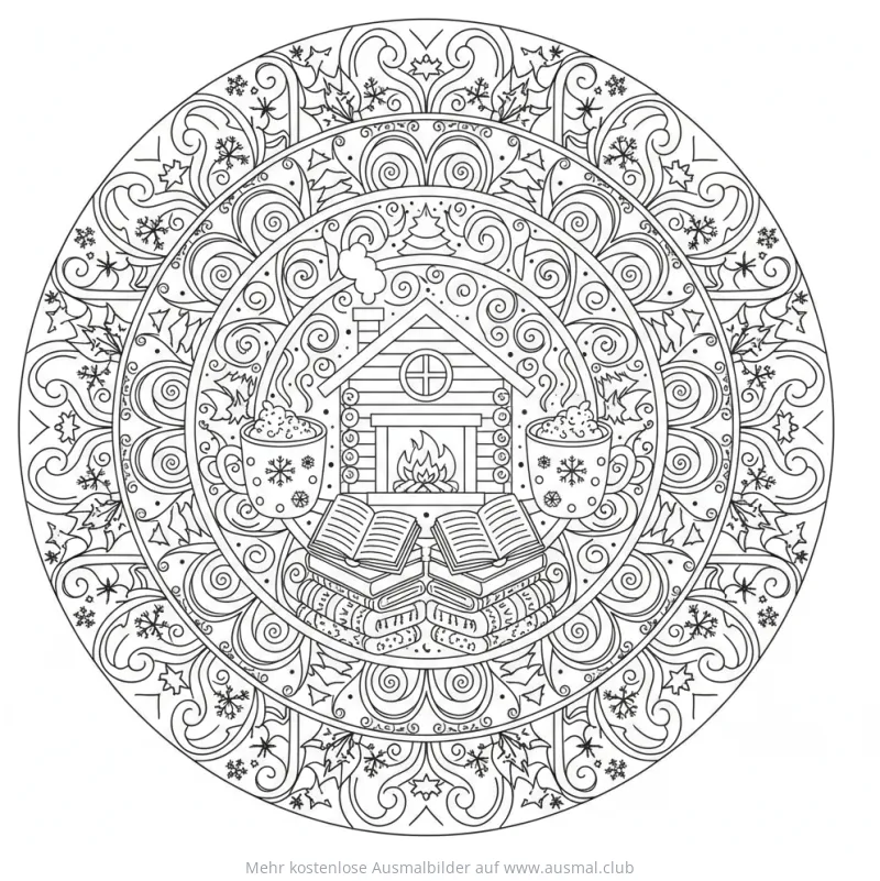 Kaminfeuer Mandala Ausmalbild mit Haus und Bücherstapel
