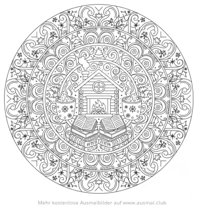 Kaminfeuer Mandala Ausmalbild mit Haus und Bücherstapel