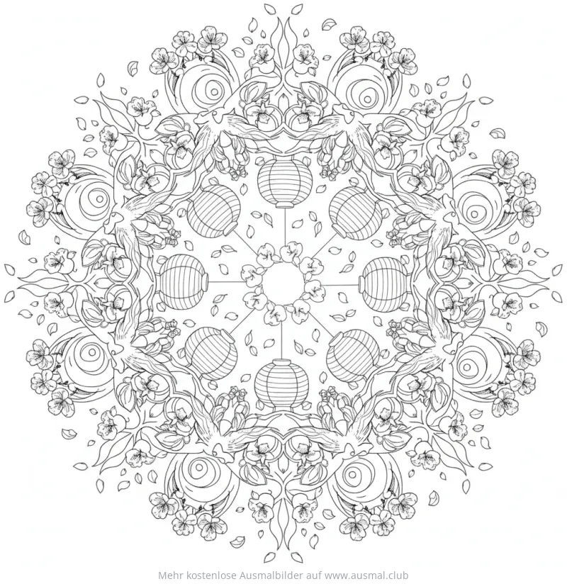 Kirschblüten Mandala Ausmalbild mit Laternen