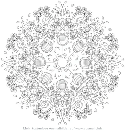 Kirschblüten Mandala Ausmalbild mit Laternen