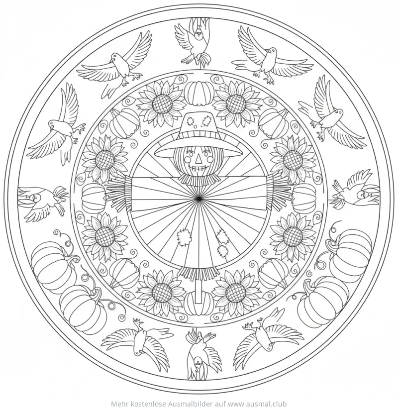 Vogelscheuche Mandala Ausmalbild mit Herbstmotiven