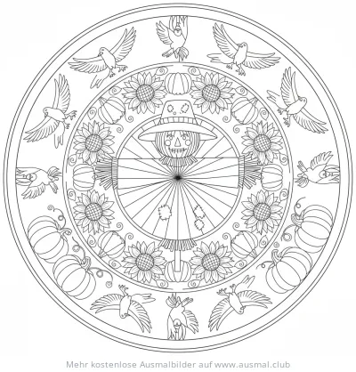 Vogelscheuche Mandala Ausmalbild mit Herbstmotiven