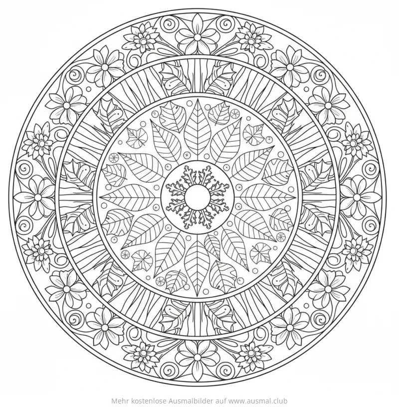 Jahreszeiten Mandala Ausmalbild mit Blumen, Blättern und Schneeflocke