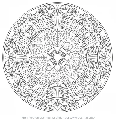 Jahreszeiten Mandala Ausmalbild mit Blumen, Blättern und Schneeflocke