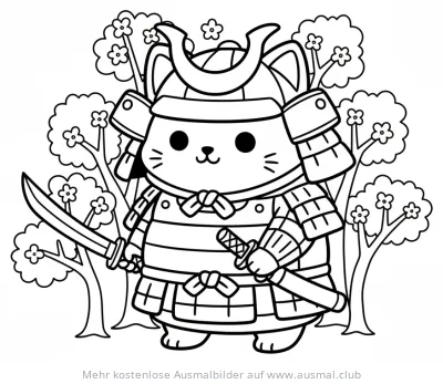 Samurai Katze mit Rüstung und Schwertern vor Kirschblüten Ausmalbild