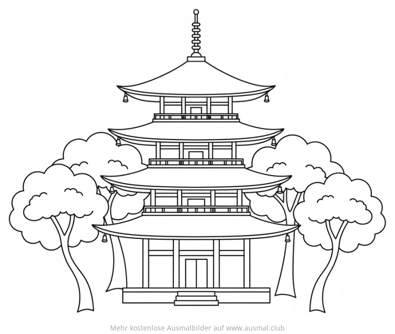 Japanisches Pagode Ausmalbild mit Bäumen