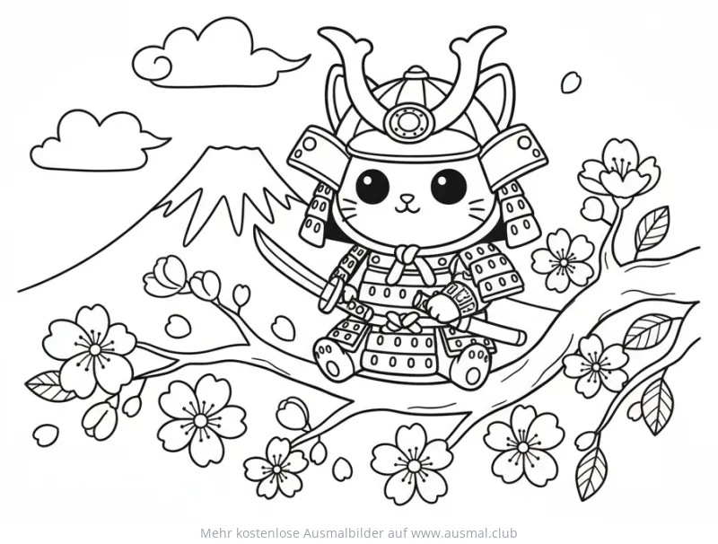 Samurai Katze mit Schwert und Kirschblüten vor dem Fuji Ausmalbild