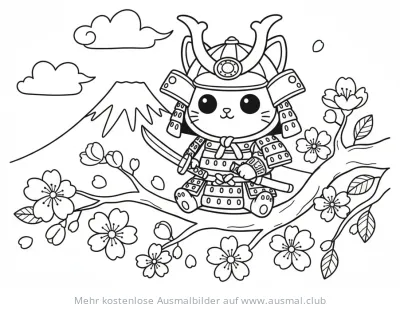 Samurai Katze mit Schwert und Kirschblüten vor dem Fuji Ausmalbild