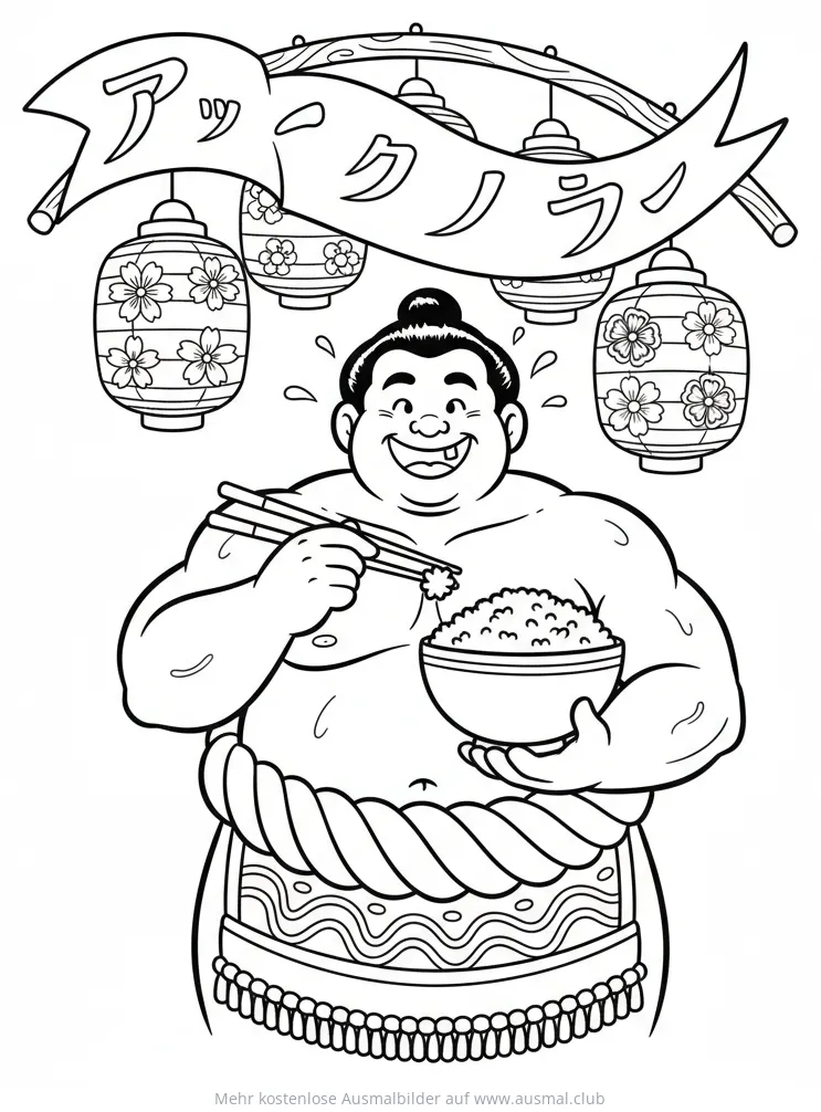 Sumo Ringer isst Reis mit Stäbchen unter Laternen, Ausmalbild