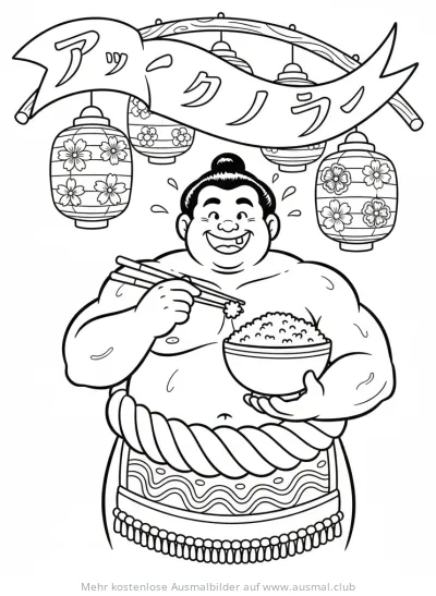 Sumo Ringer isst Reis mit Stäbchen unter Laternen, Ausmalbild