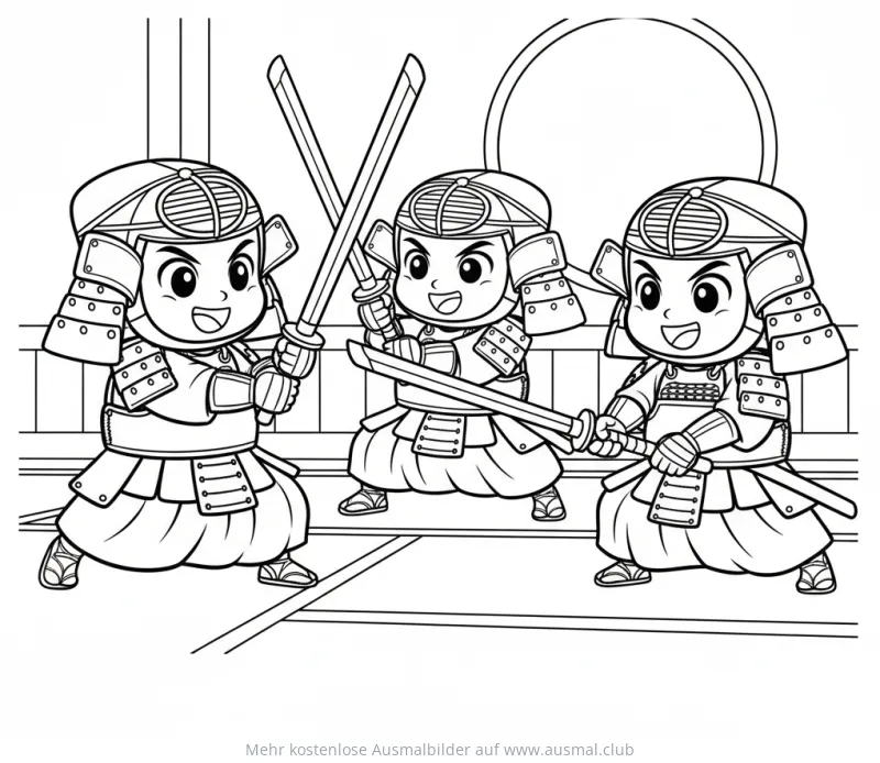 Drei Kendo Samurai Kinder mit Schwertern Ausmalbild