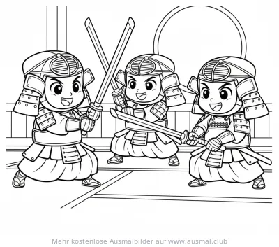 Drei Kendo Samurai Kinder mit Schwertern Ausmalbild