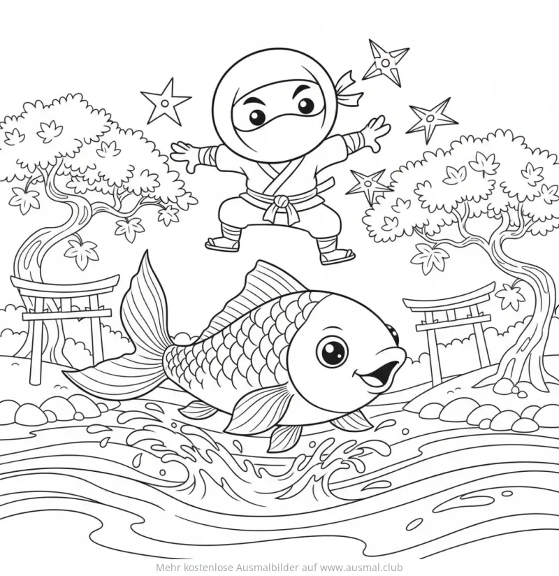Ninja und Koi Karpfen im japanischen Garten Ausmalbild