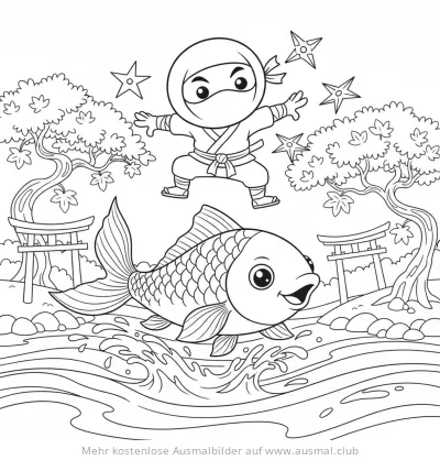 Ninja und Koi Karpfen im japanischen Garten Ausmalbild
