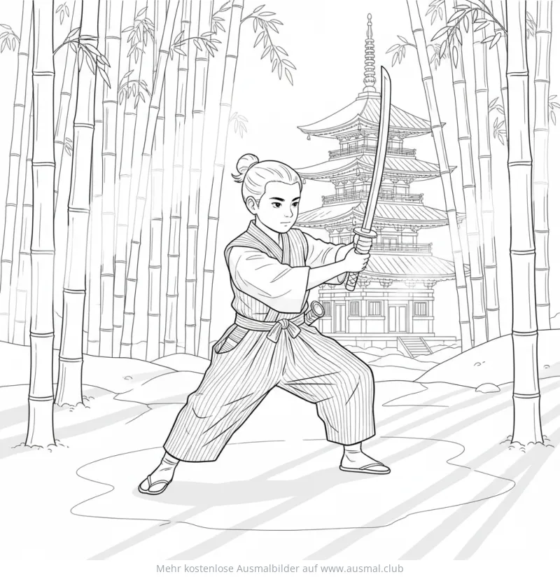 Samurai beim Schwerttraining Ausmalbild vor Tempel