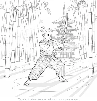 Samurai beim Schwerttraining Ausmalbild vor Tempel