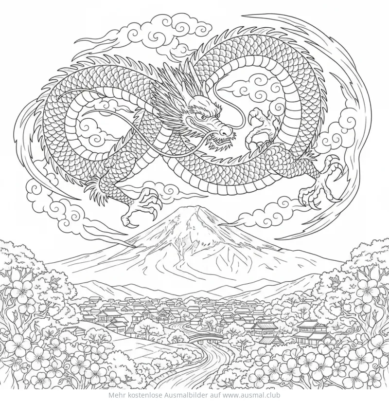 Drache über Berg Fuji und japanischer Stadt Ausmalbild