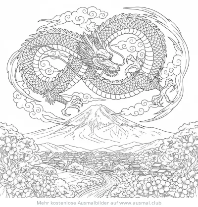 Drache über Berg Fuji und japanischer Stadt Ausmalbild