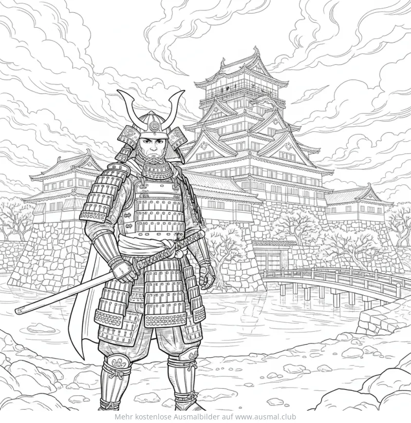 Samurai mit Schwert vor japanischer Burg Ausmalbild